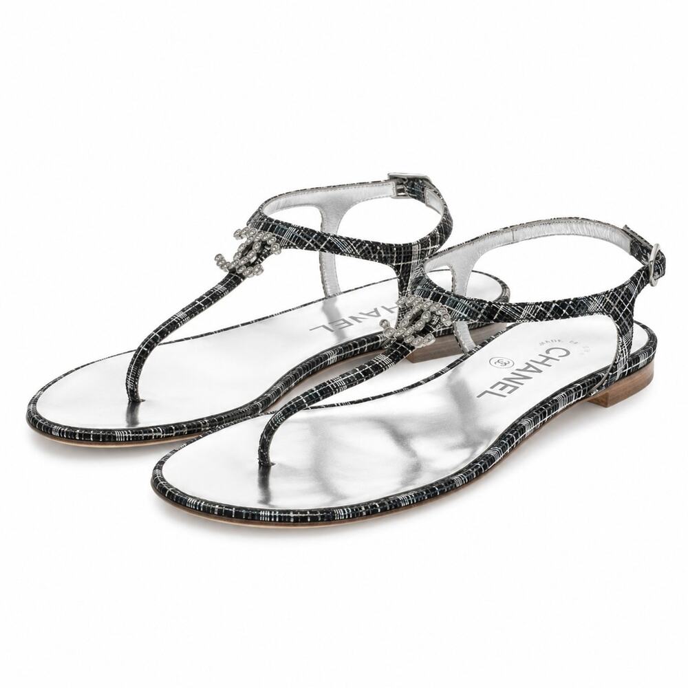 CHANEL Black Metallic Tweed Crystal CC Ankle T Strap Thong Flat Sandals 37.5